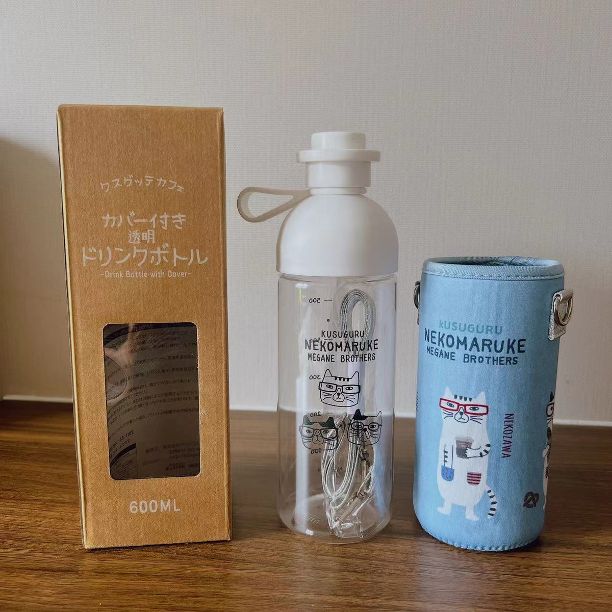 日本kusuguru貓咪雙飲口運動塑膠杯斜背杯隨手杯方便攜帶水杯飲品126|眼鏡貓藍7163-2/501-600 ml