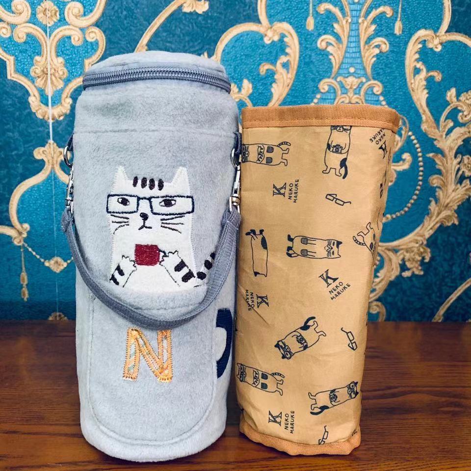 日本新款刺繡貓咪水壺包水壺袋保溫鋁箔包手提水杯套|刷毛灰色/500 ml-1000 ml