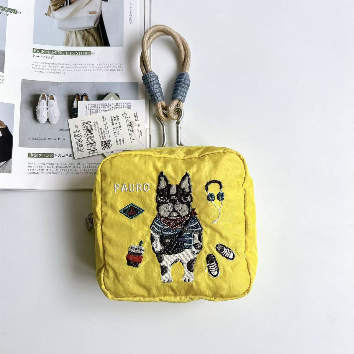 日本Kusuguru正品重工刺繡貓咪法鬥蜜豆零錢包掛飾收納包布藝卡通|保羅亮黃方形10110-1
