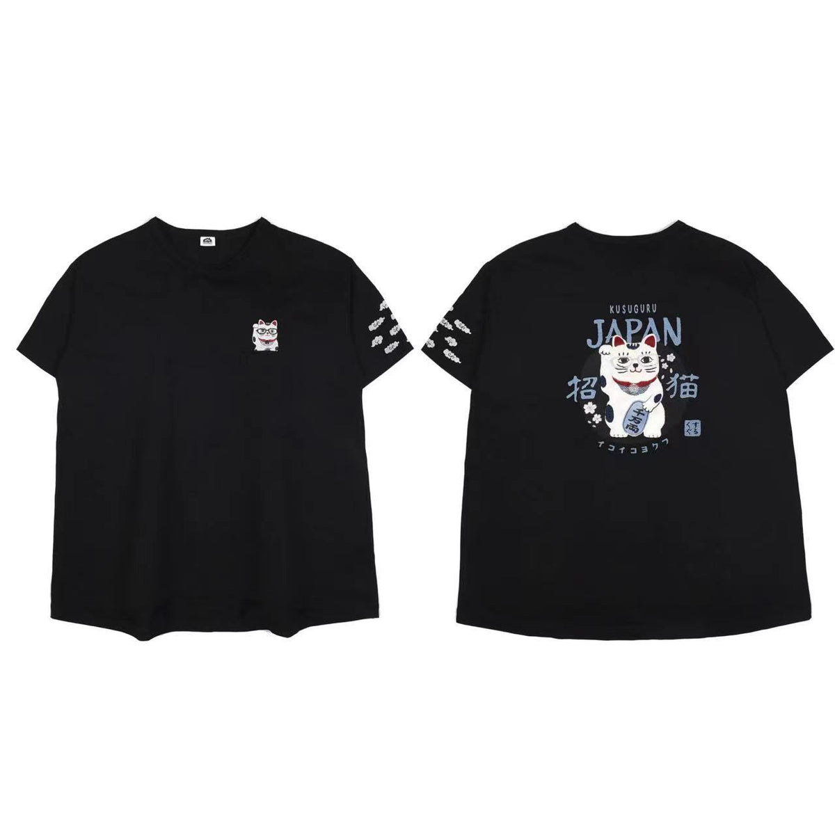 日本Kusuguru刺繡貓咪女性棉T圓領短袖衫純棉休閒棉衫百搭112|招財貓黑色7130-3/單一尺寸