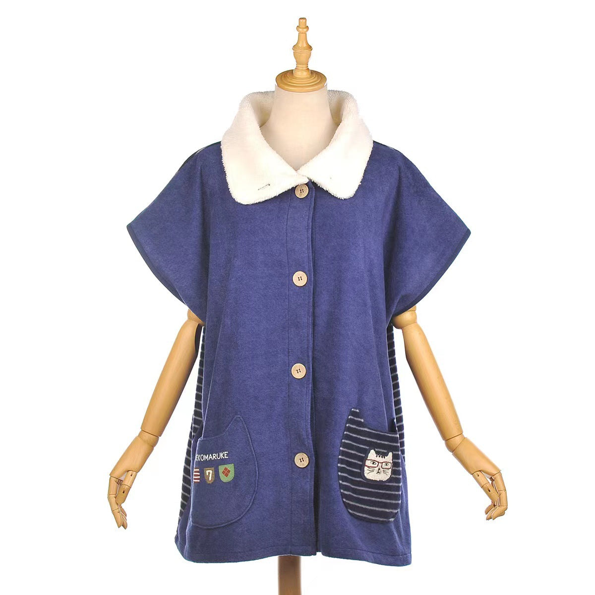 日本ksuguru刺繡貓咪居家服外套斗篷披肩護肩加厚保暖刷毛922|藏青5648-3