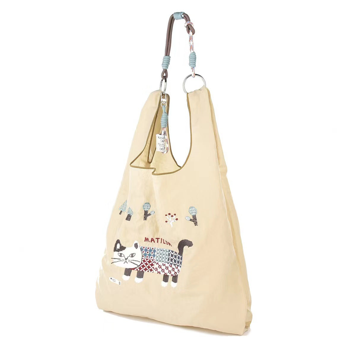 日本kusuguru重工刺繡貓咪購物袋肩背包手提包通勤包卡通尼龍219|爬貓卡其7601-1