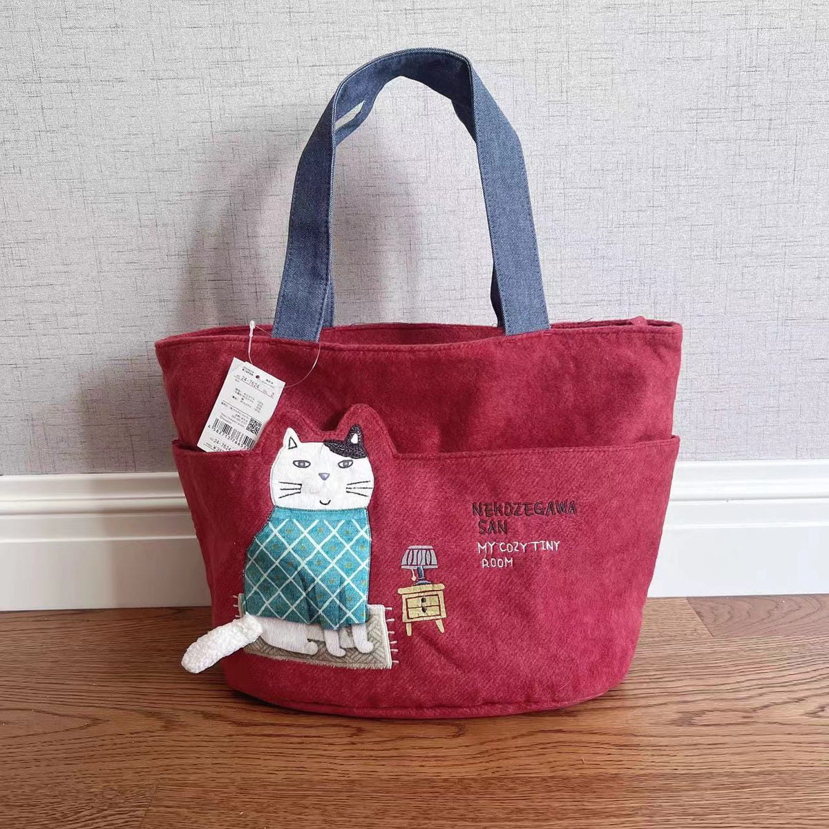 日本kusuguru刺繡胖貓刷毛手提包托特包手提包飯盒包購物包214|紅色7624-2
