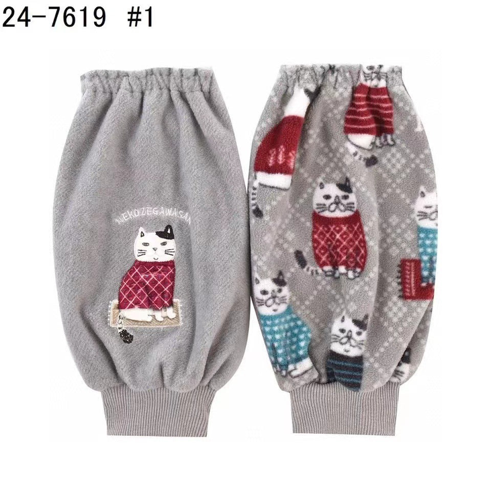 日本kusuguru刺繡胖貓袖套家務防油防污袖套刷毛花藝卡通214|灰色7619-1