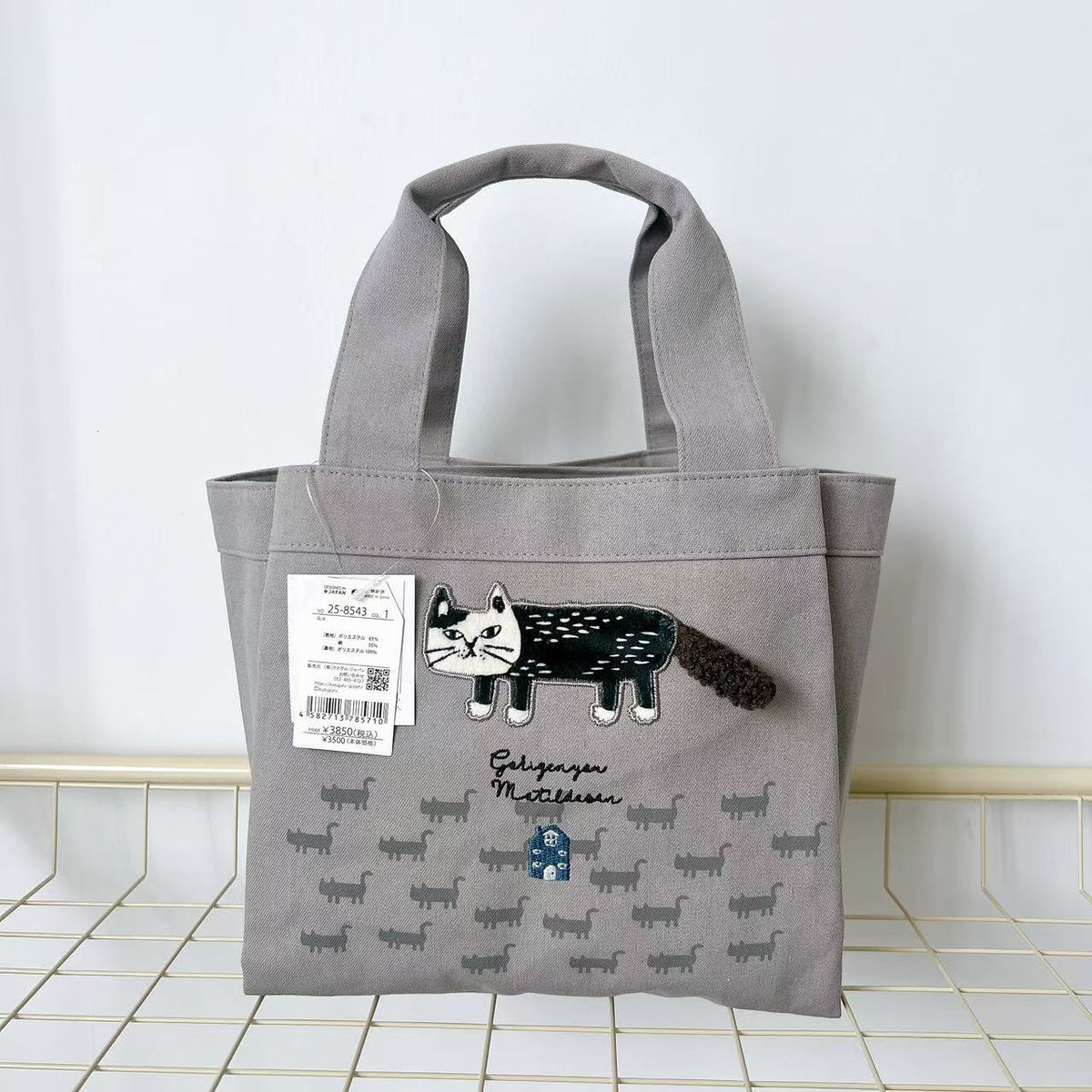 日本Kusuguru正品刺繡爬貓手提包手提包隔層包飯盒包購物通勤401|爬貓灰8543-1