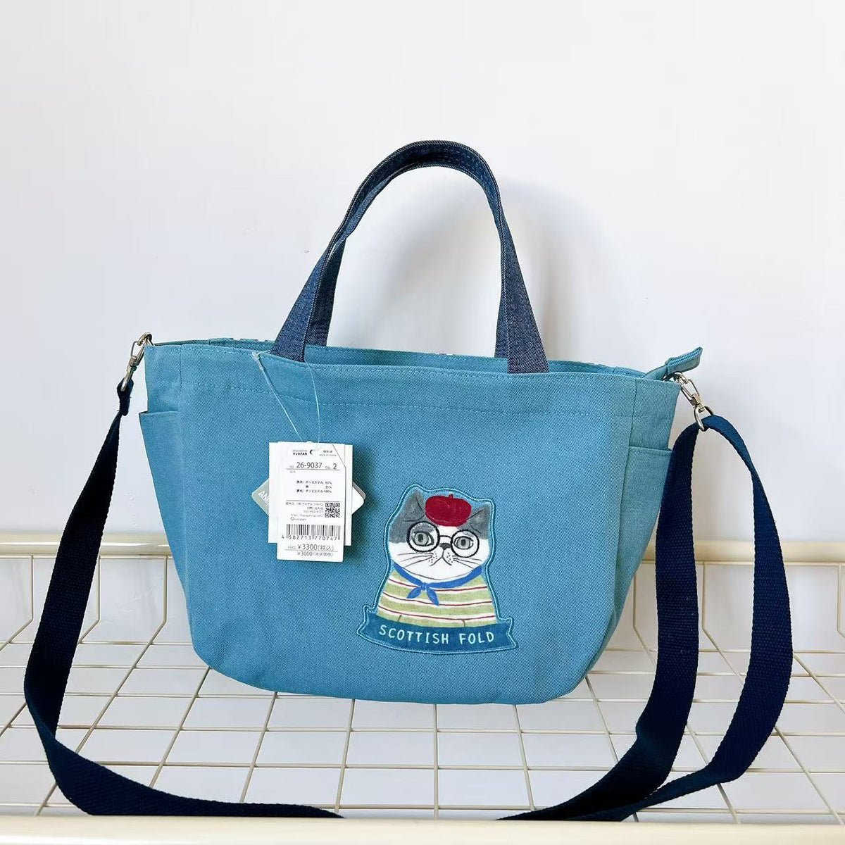 日本Kusuguru正品刺繡貓咪法鬥肩背包手提包手提包斜背包通勤502|露西藍色9037-2