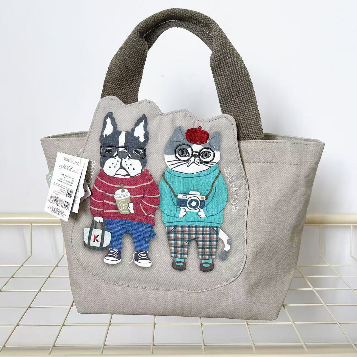 日本Kusuguru正品刺繡法鬥貓咪手提包手提包帆布飯盒包通勤402|露西and保羅米黃8528-1