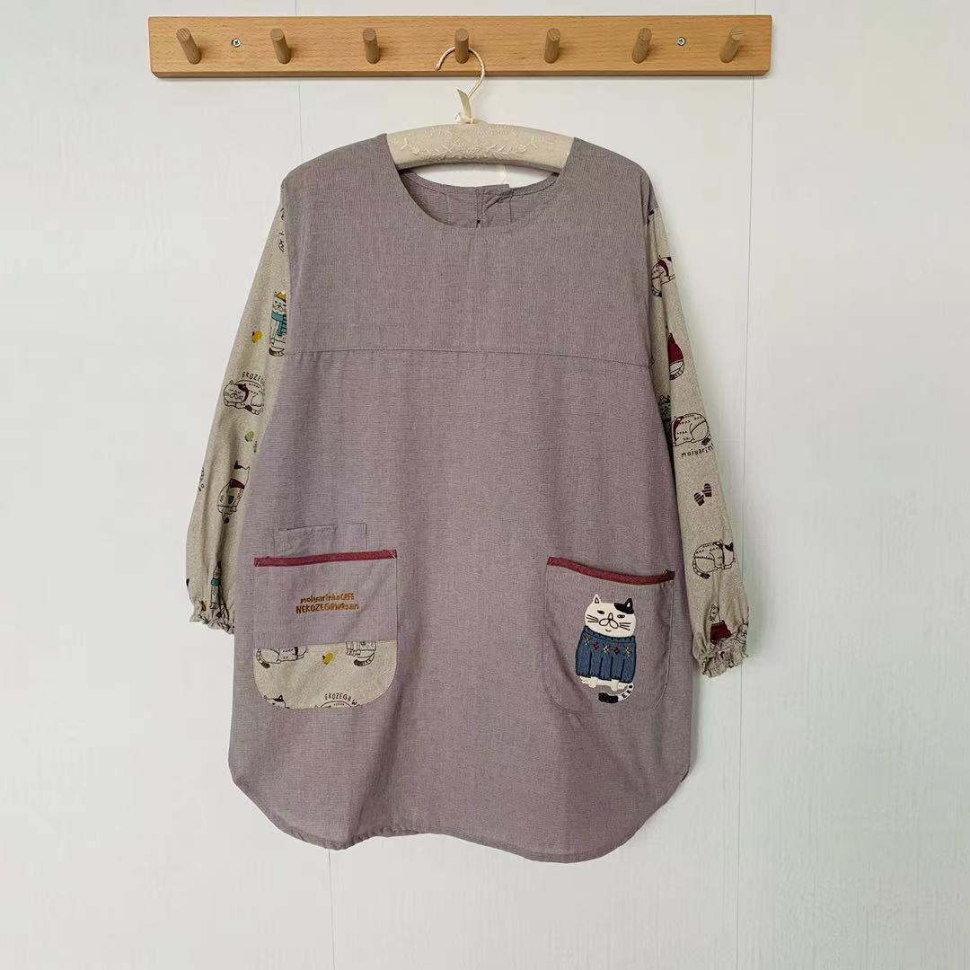 日本新款刺繡胖貓居家圍裙防油防污防汙罩衫反穿烘焙花藝長袖862|灰色3042-1