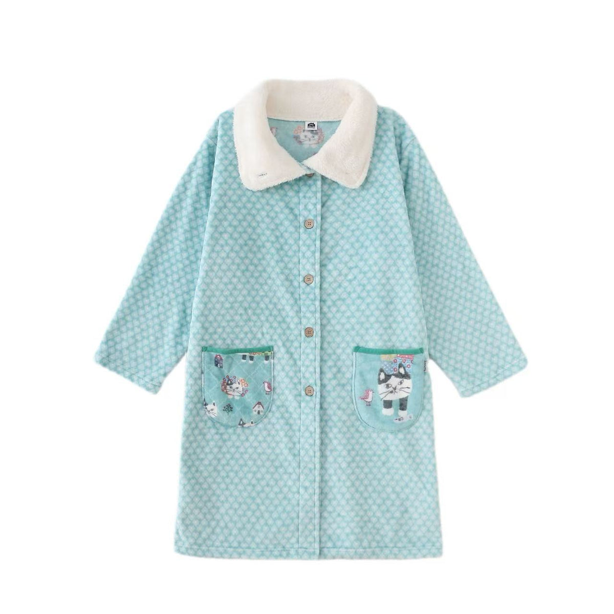 日本Kusuguru正品貓咪圖案居家服法蘭絨睡袍保暖長款舒適卡通622|爬貓淡綠9679-2/單一尺寸