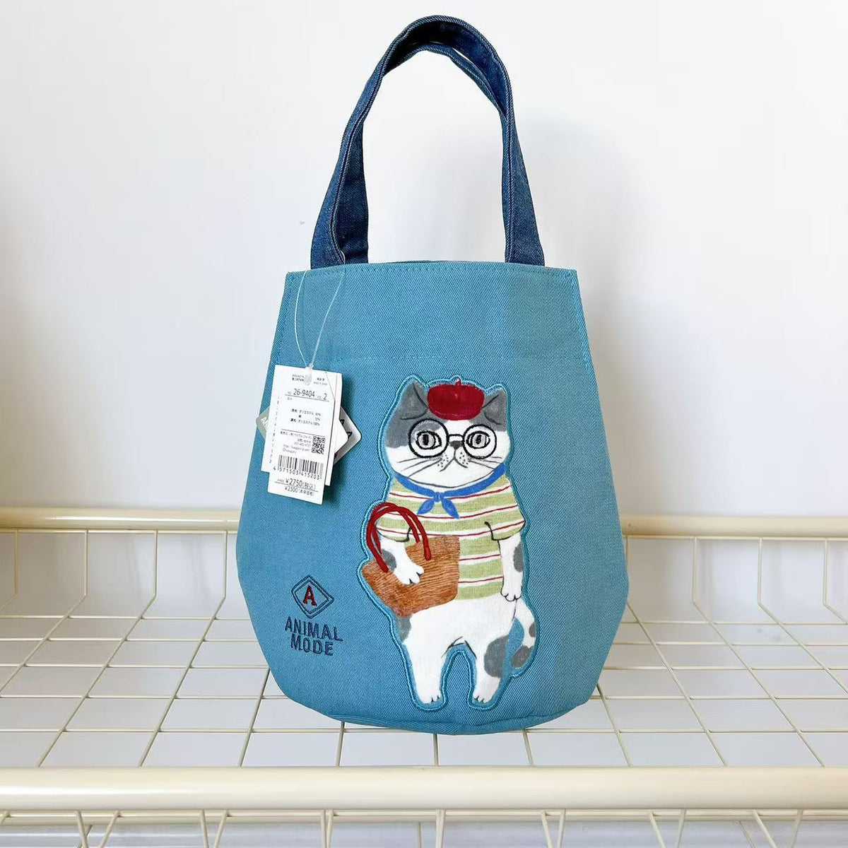 日本Kusuguru正品刺繡貓咪法鬥手提包手提包水桶包通勤布藝包502|露西藍色9404-2