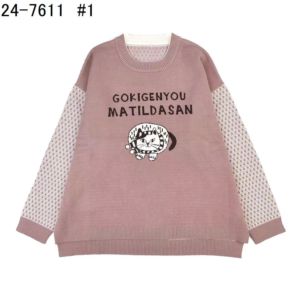 日本kusuguru貓咪印花提花毛衣女性圓領寬鬆休閒秋冬日系205|米粉色7611-1