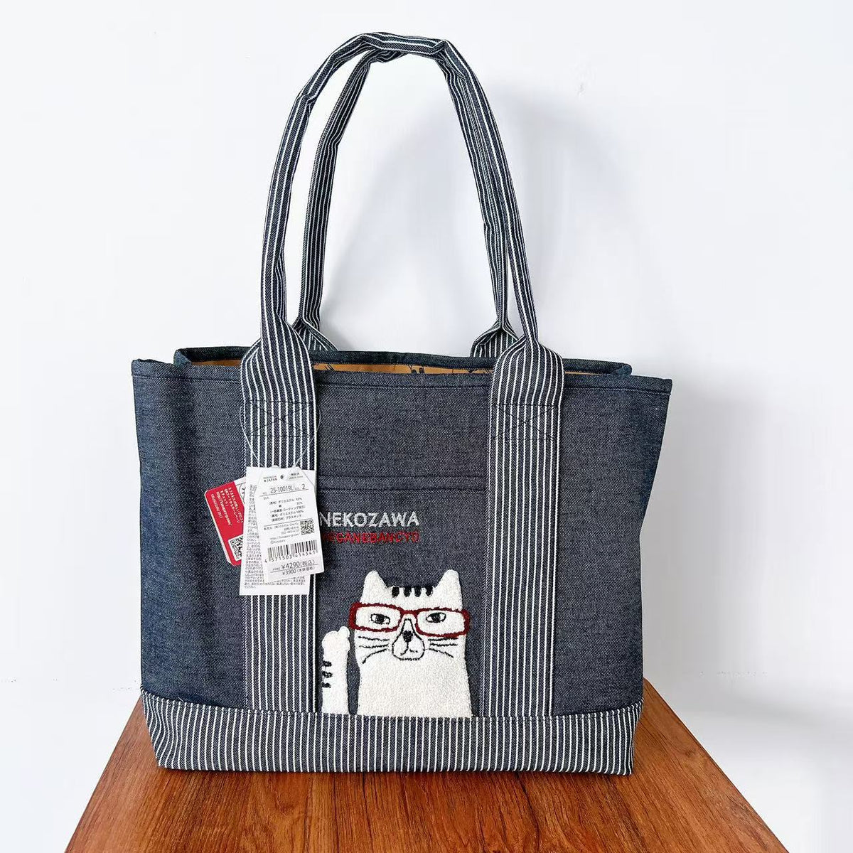 日本Kusuguru正品刺繡貓咪法鬥手提包手提包托特包牛仔隔層大435|眼鏡貓深牛仔藍10019 L-2