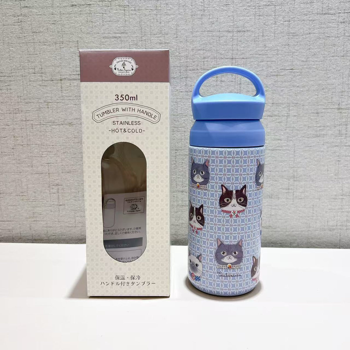 日本Kusuguru正品保溫杯保冷直筒杯手提式304不鏽鋼杯卡通貓咪405|蜜豆藍色8704-3/350 ml