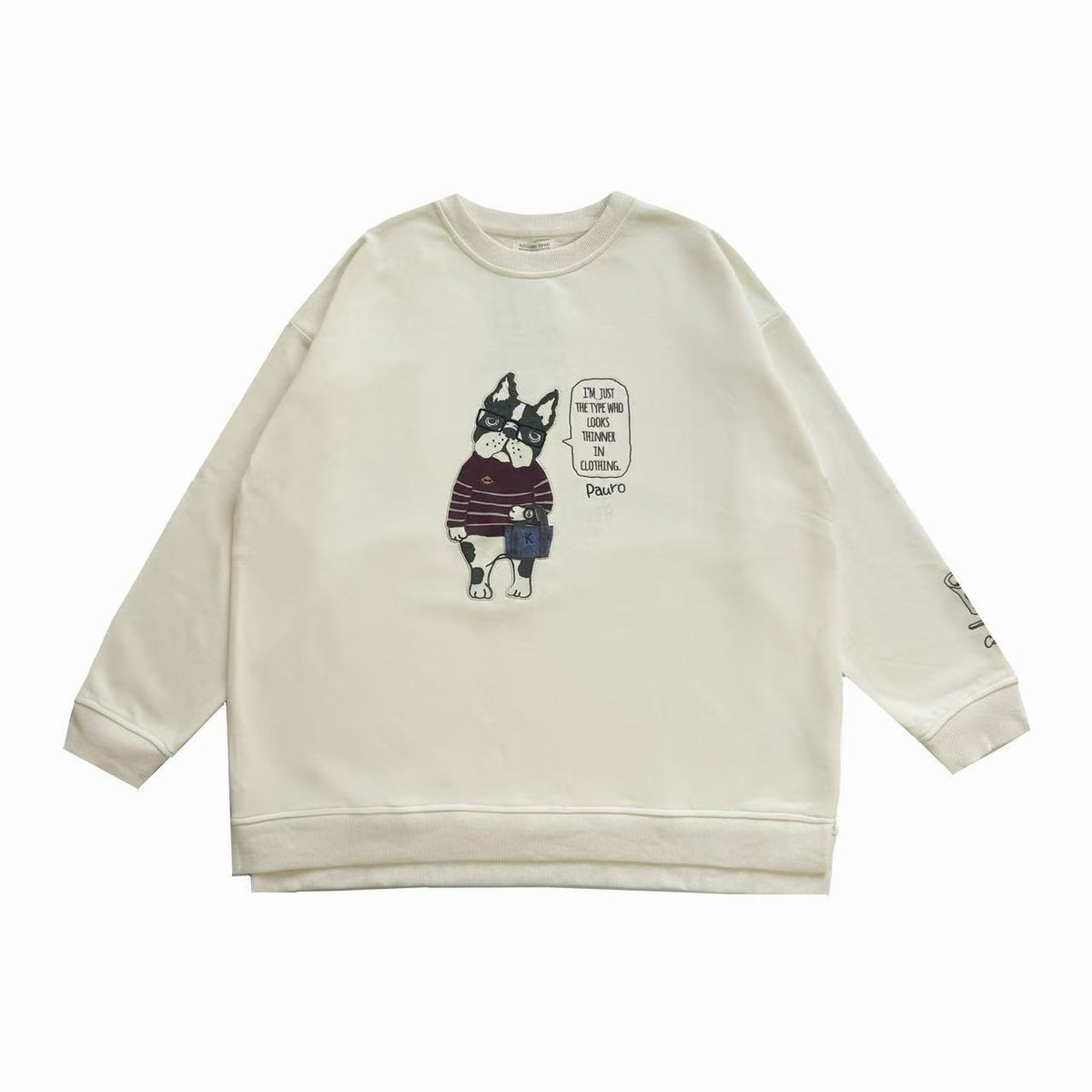日本Kusuguru正品刺繡貓咪狗子大學T圓領休閒毛圈長袖寬鬆415432|保羅白色8633-1/單一尺寸