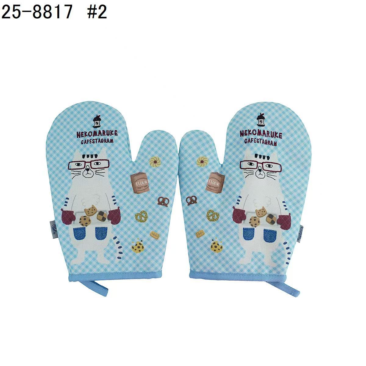 日本Kusuguru正品貓咪狗子刺繡印花手套隔熱耐高溫防燙加厚微波爐|眼鏡貓藍色8817-2
