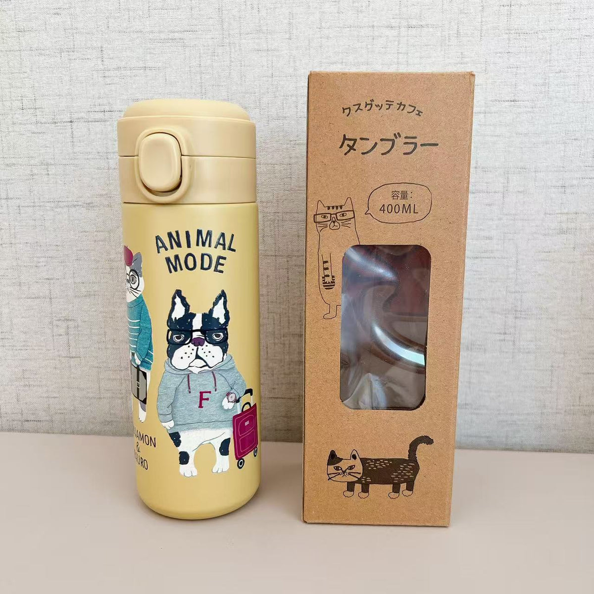 日本kusuguru貓咪圖案保溫杯隔熱方便攜帶304不鏽鋼直筒杯保冷244|露西保羅黃色7702-1/400 ml