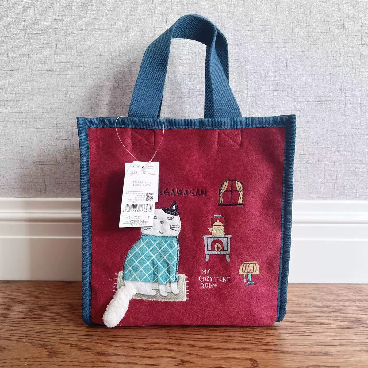 日本kusuguru品牌刺繡胖貓刷毛手提包手提包飯盒包補習包214|紅色37622-2
