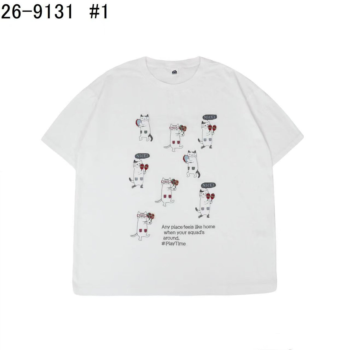 日本Kusuguru正品刺繡貓咪純棉T恤圓領短袖休閒女性純棉卡通52725|眼鏡貓白9131-1/單一尺寸