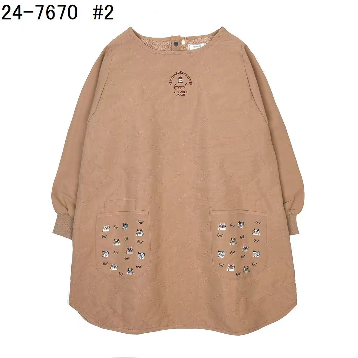 kusuguru重工刺繡貓咪長袖圍裙防油防污加厚絎縫反穿花藝烘焙206|卡其7670-2