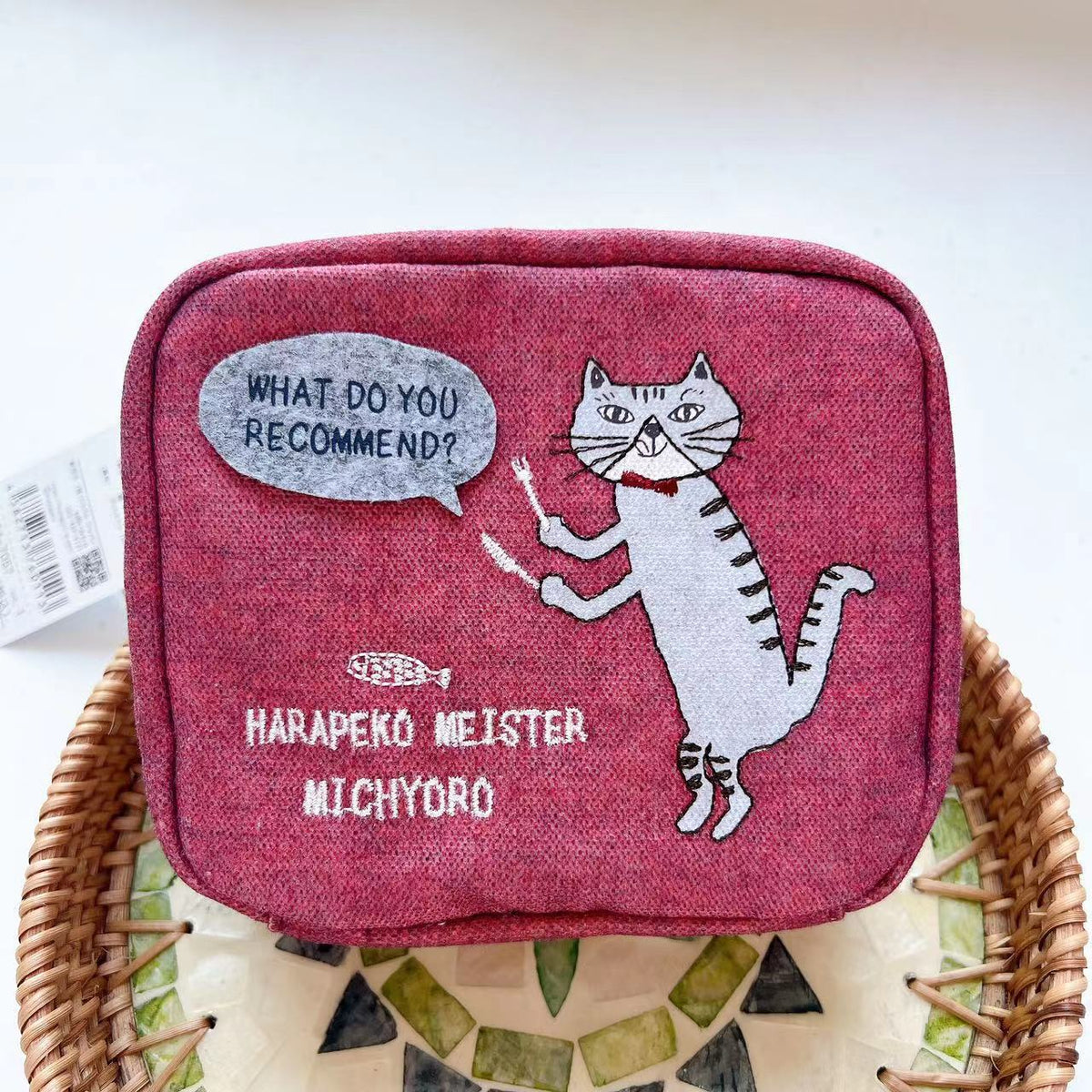 日本kusuguru刺繡米奇羅貓咪帆布零錢包手拿包化妝包方形布藝103|酒紅色7057-1