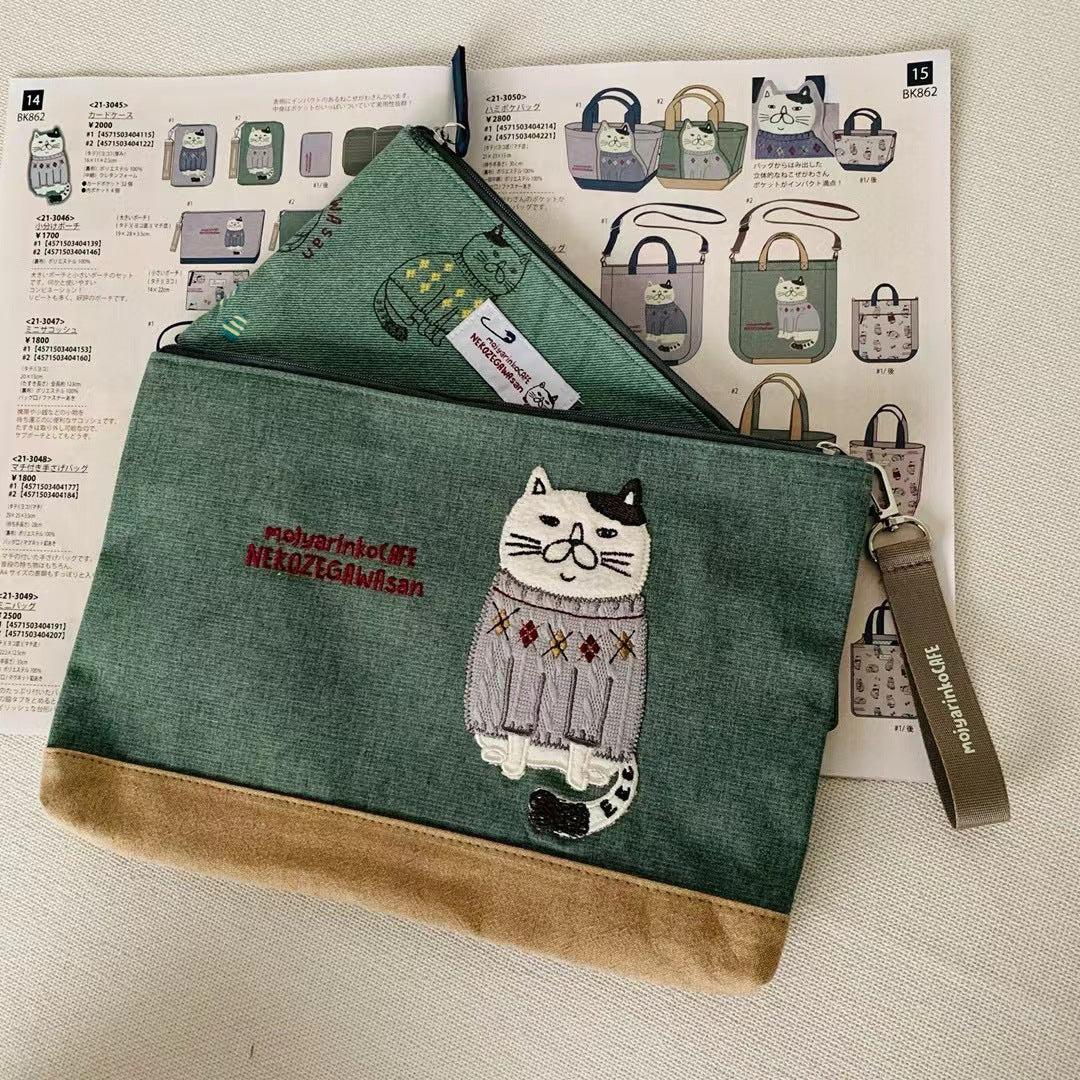 日本新款刺繡胖貓布藝文件包手拿包收納袋證件包套包證件包862|綠 色