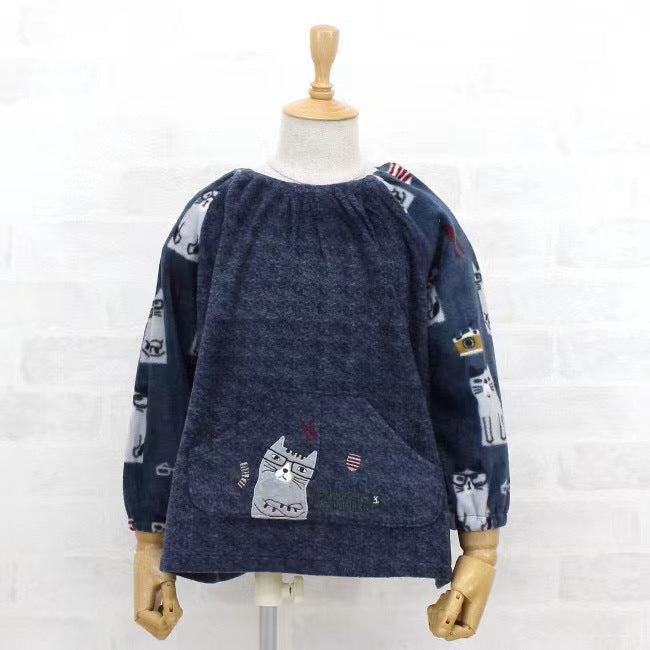 日本Kusuguru 刺繡眼鏡貓兒童反穿服防汙罩衫刷毛防油防污保暖特|深灰色/100