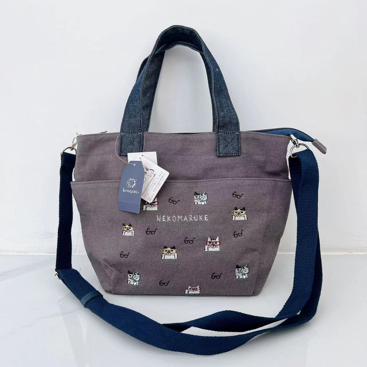 日本kusuguru重工刺繡貓咪肩背包斜背包手提包手提包通勤布藝200|咖色7512-3