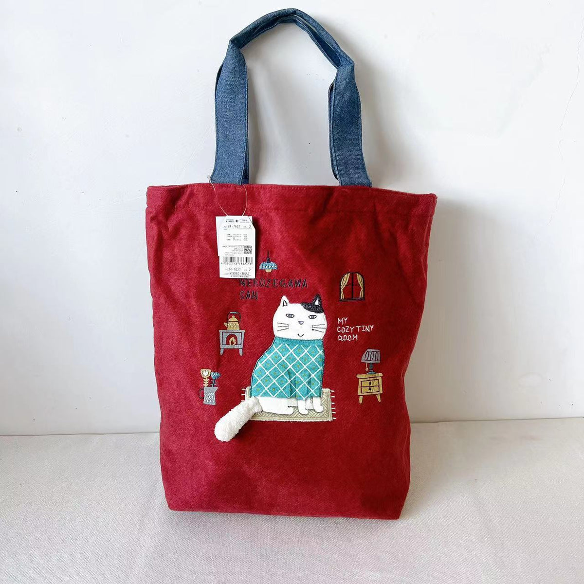 日本Kusuguru刺繡胖貓肩背包手提包手提包補習包購物包刷毛214|紅色7627-2