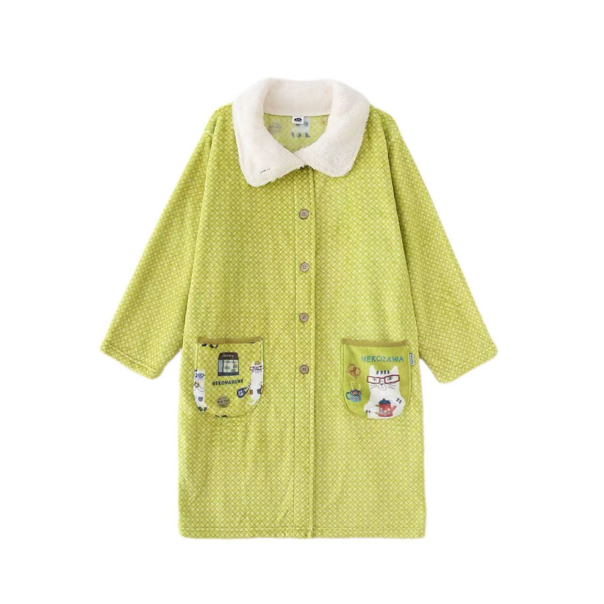 日本Kusuguru正品貓咪圖案居家服法蘭絨睡袍保暖長款舒適卡通622|眼鏡貓米黃9678-1/單一尺寸