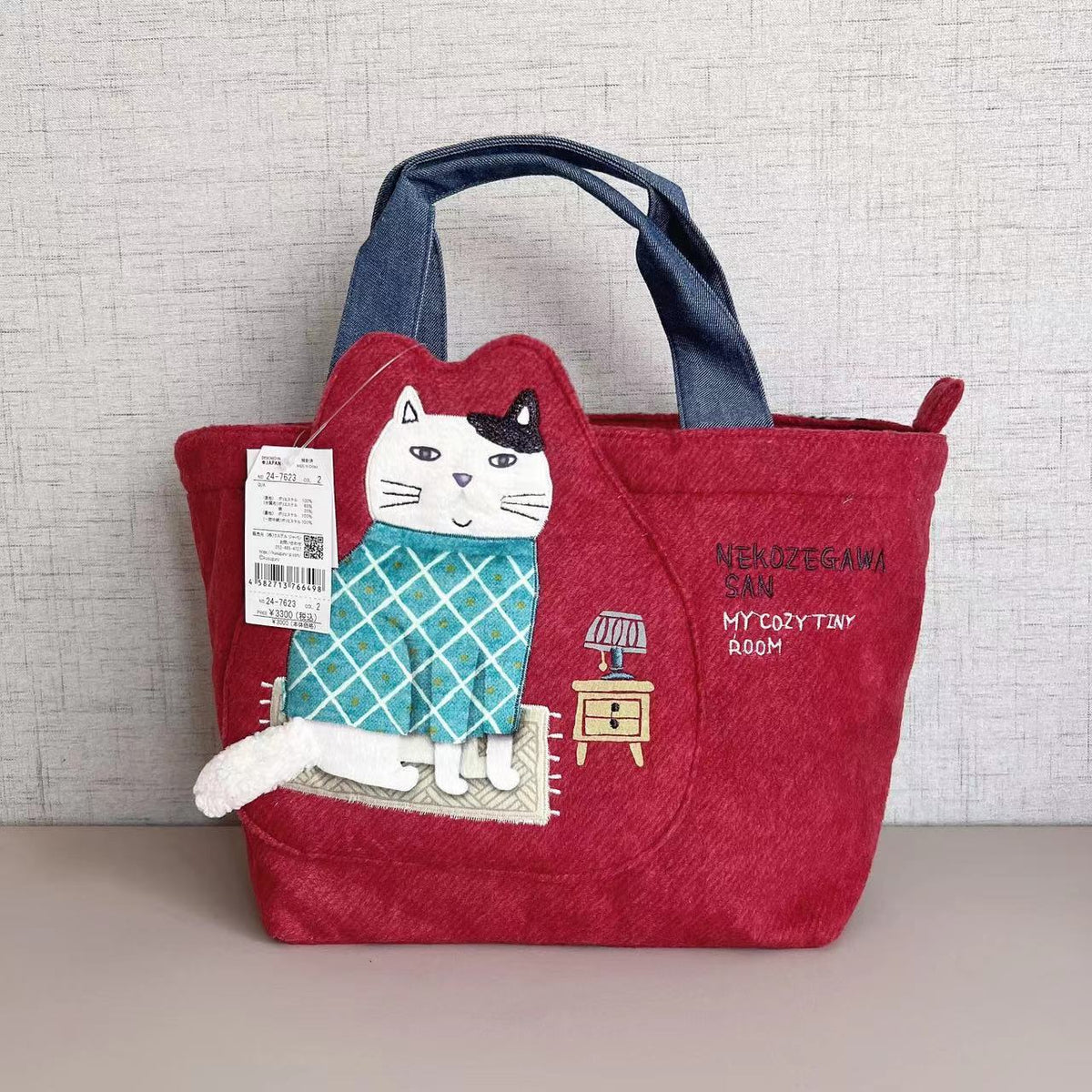 日本kusuguru刺繡胖貓刷毛立體手提包手提包飯盒包逛街購物214|紅色7623-2