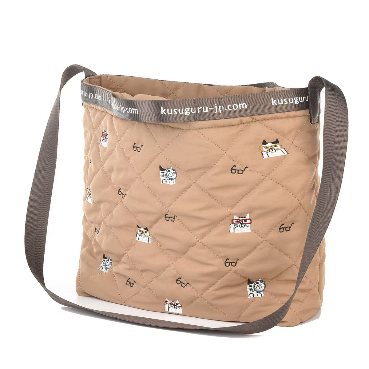 日本kusuguru重工刺繡貓咪斜背包絎縫手提包肩背包休閒通勤206|卡其7674-2