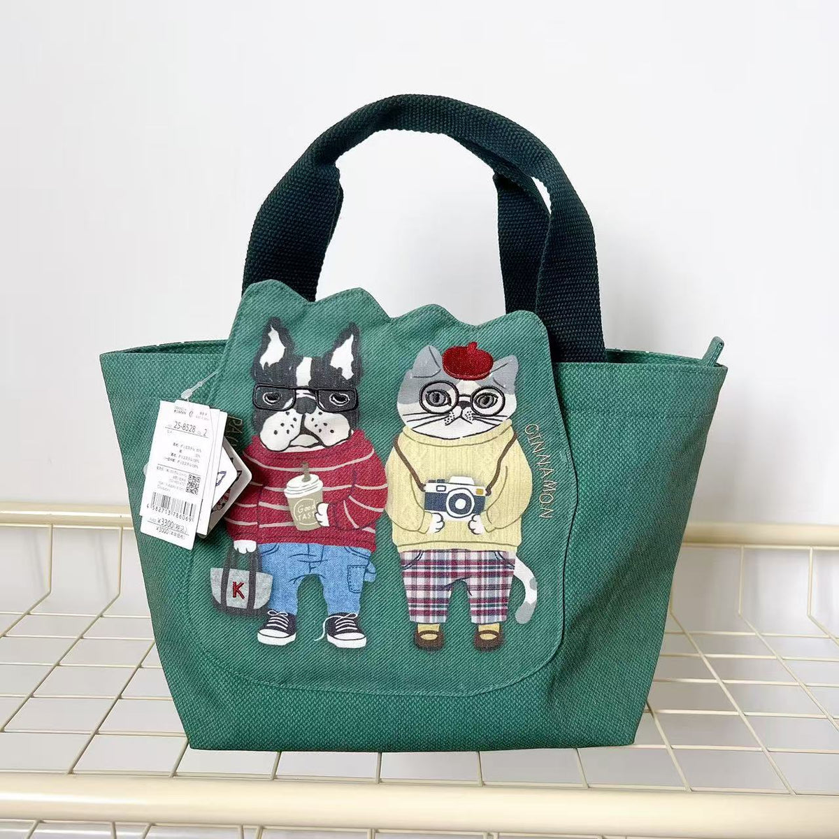 日本Kusuguru正品刺繡法鬥貓咪手提包手提包帆布飯盒包通勤402|露西and保羅綠8528-2
