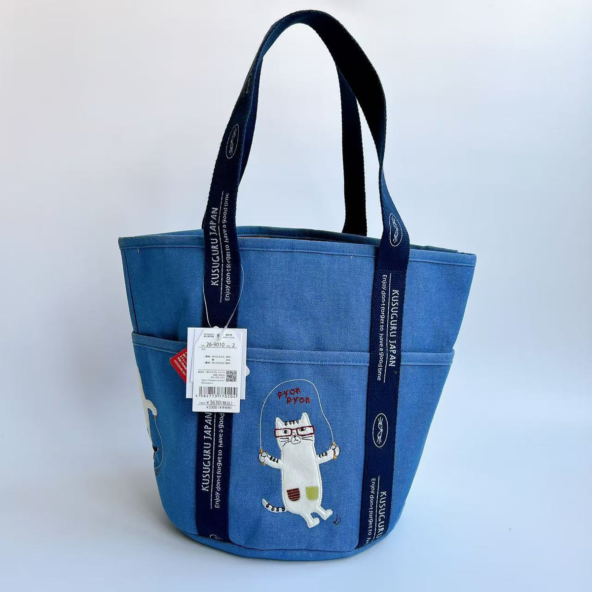 日本Kusuguru正品刺繡貓咪手提包手提包水桶包帆布包袋通勤包500|眼鏡貓藍9010-2