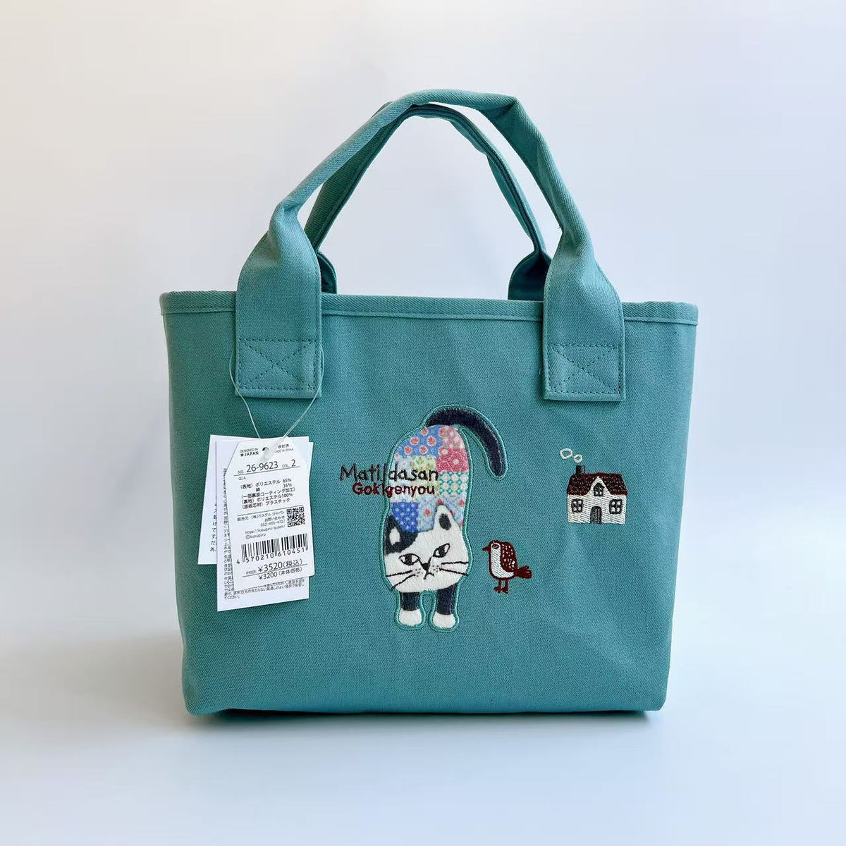 Kusuguru正品刺繡爬貓手提包托特包手提包隔層包布藝通勤包601|爬貓湖藍色9623-1