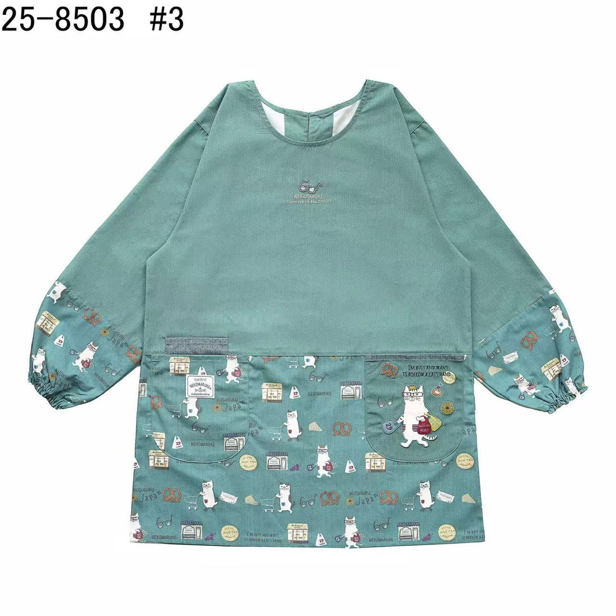 日本Kusuguru正品刺繡貓咪長袖圍裙家務防油防污反穿服花藝烘焙40|眼鏡貓藍綠8503-3