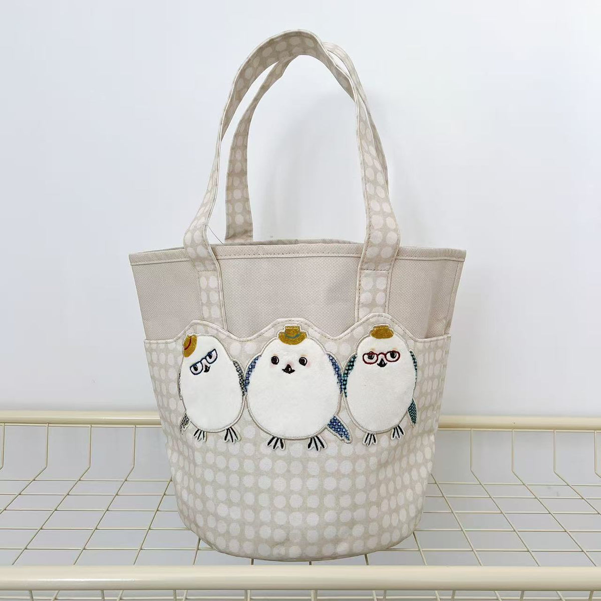 日本Kusuguru正品刺繡小雞手提包手提包大型水桶包通勤布藝503|米黃色水桶包9053-1