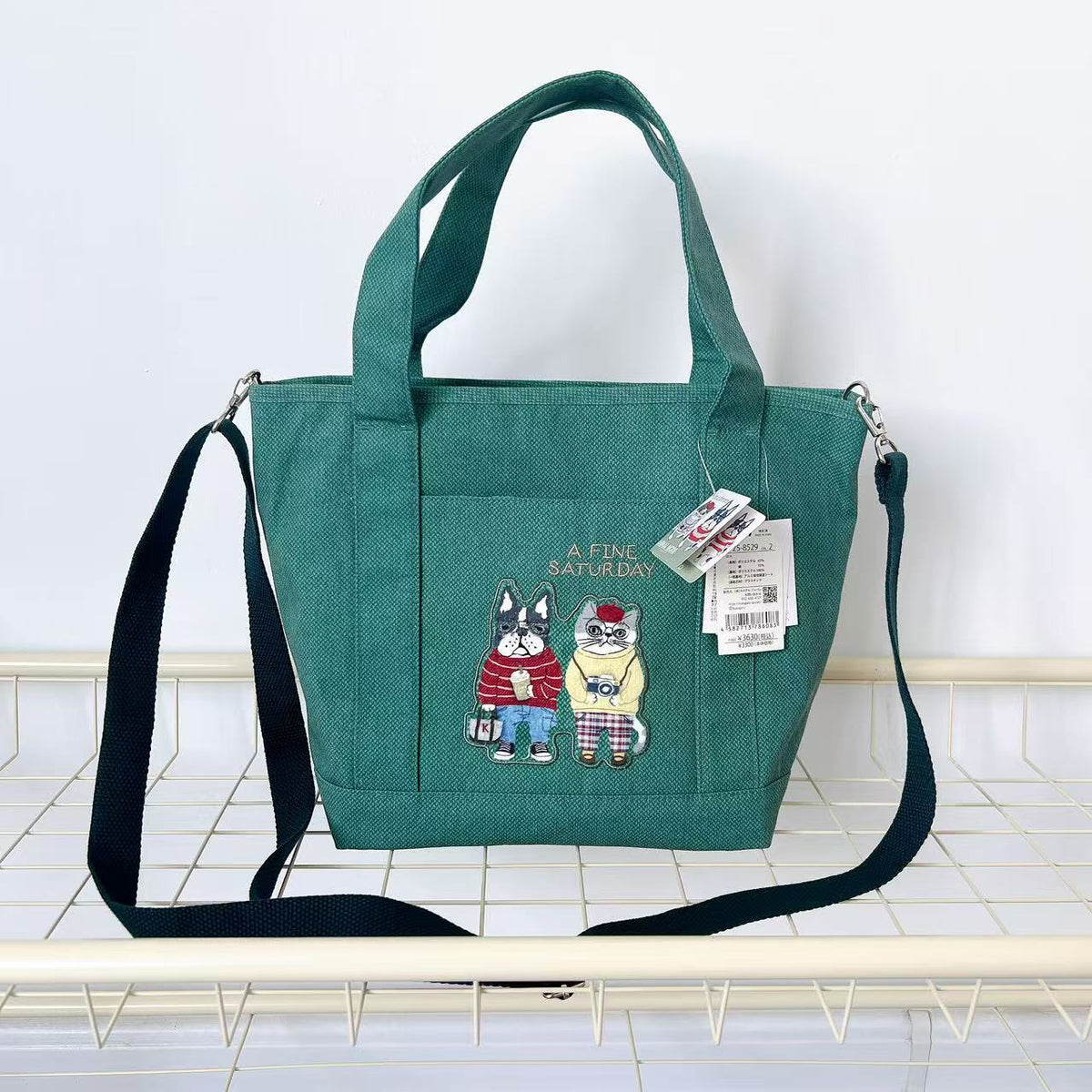 日本Kusuguru正品刺繡貓咪法鬥斜背包手提包肩背包布藝通勤包402|露西and保羅綠8529-2