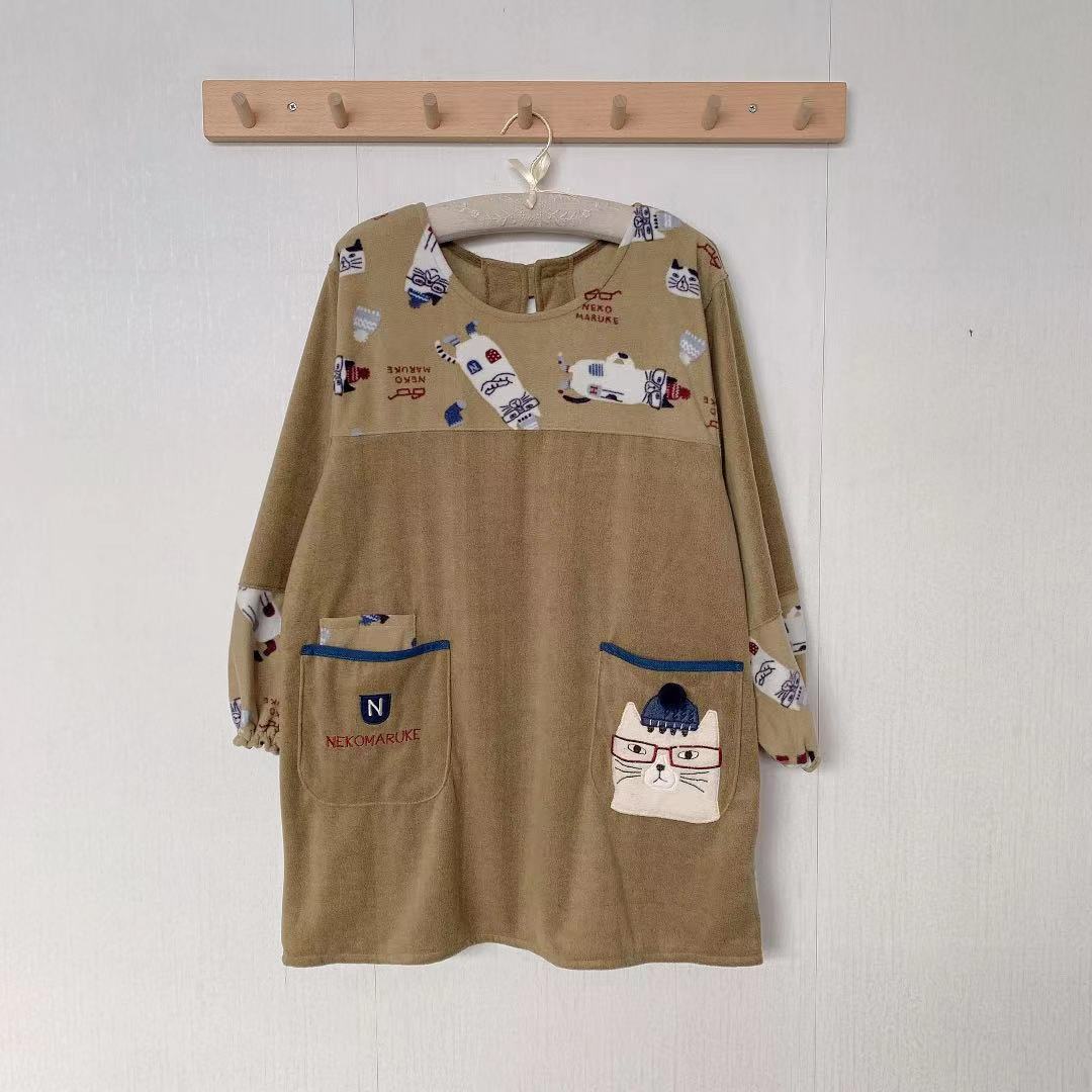 日本刷毛刺繡貓咪居家圍裙防污防油防汙罩衫反穿烘焙花藝保暖874|米黃色3153