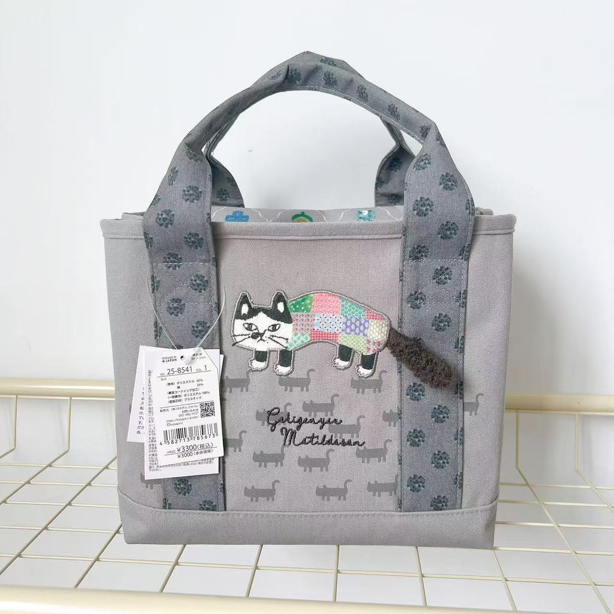 日本Kusuguru正品刺繡爬貓手提包托特包手提包隔層包帆布手提401|灰色8541-1