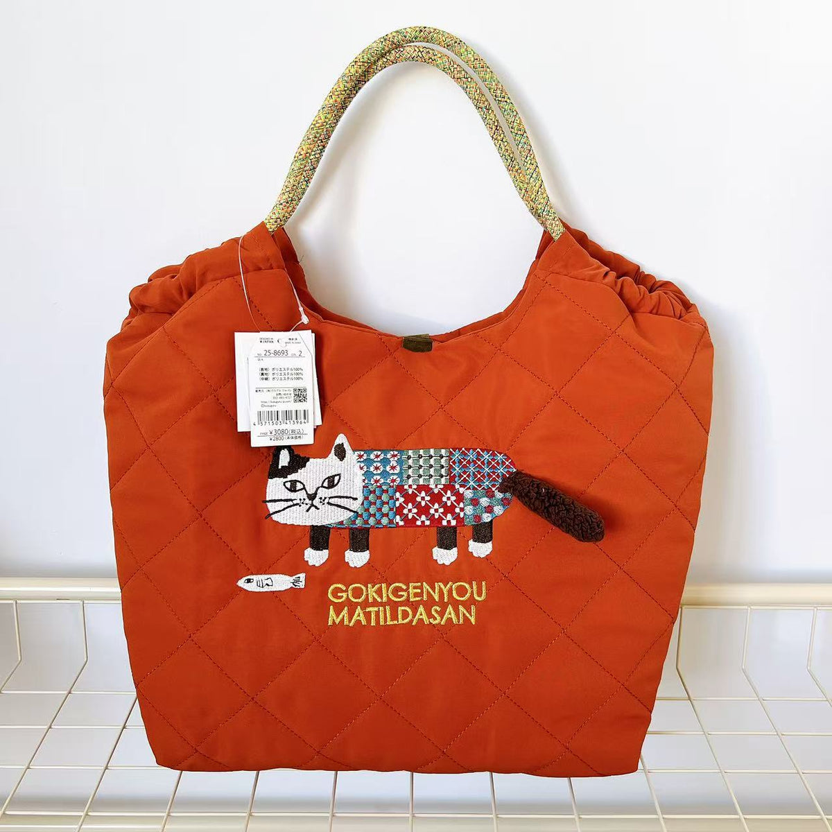 日本Kusuguru正品刺繡爬貓手提包絎縫夾棉手提包購物通勤單肩427|爬貓橘色8693-2