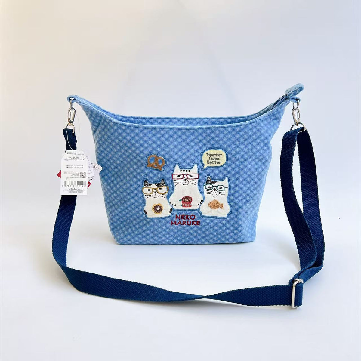 日本Kusuguru正品刺繡眼鏡斜背包肩背包元寶包刷毛購物包621|眼鏡貓藍9670-2