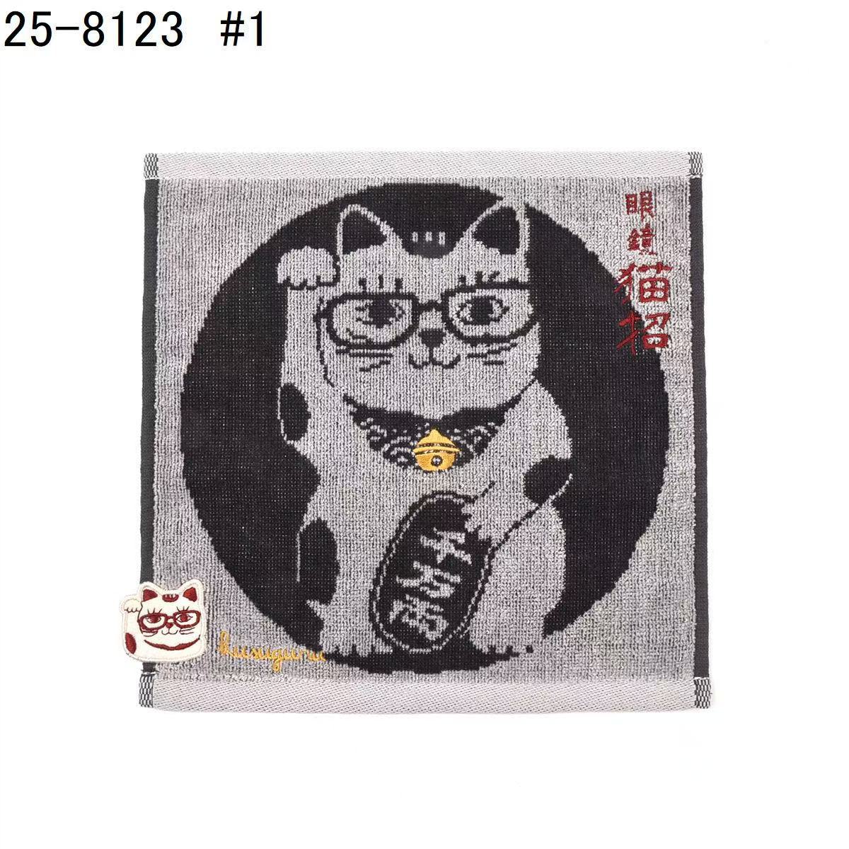 日本Kusuguru刺繡貓咪法鬥小方巾中巾純棉毛巾擦臉巾吸汗315|招財貓小方巾黑8123-1/25 × 25 cm