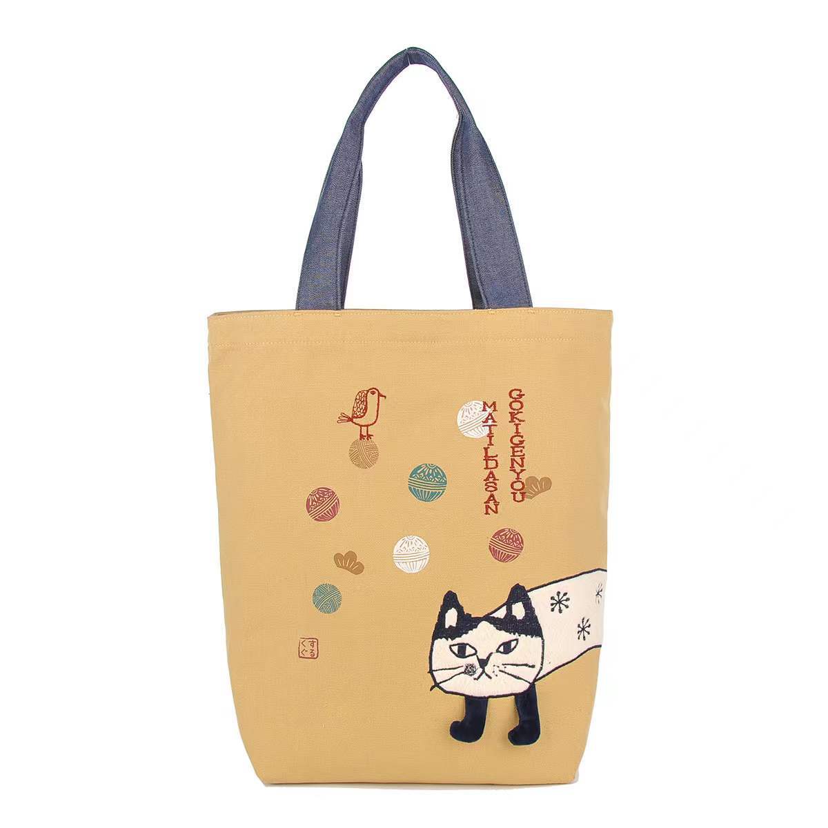 日本KUSUGURU刺繡爬貓帆布肩背包手提包手提包補習逛街購物包901|爬貓黃5154-2