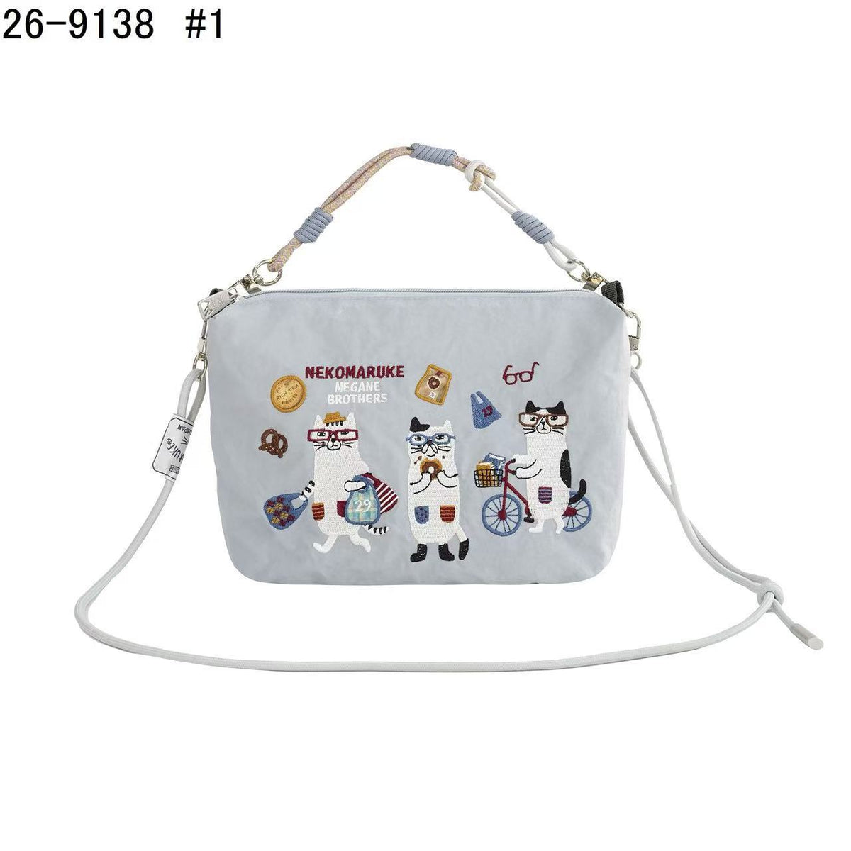 日本Kusuguru正品重工刺繡貓咪斜背包尼龍肩背包手提通勤509|眼鏡貓灰9138-1