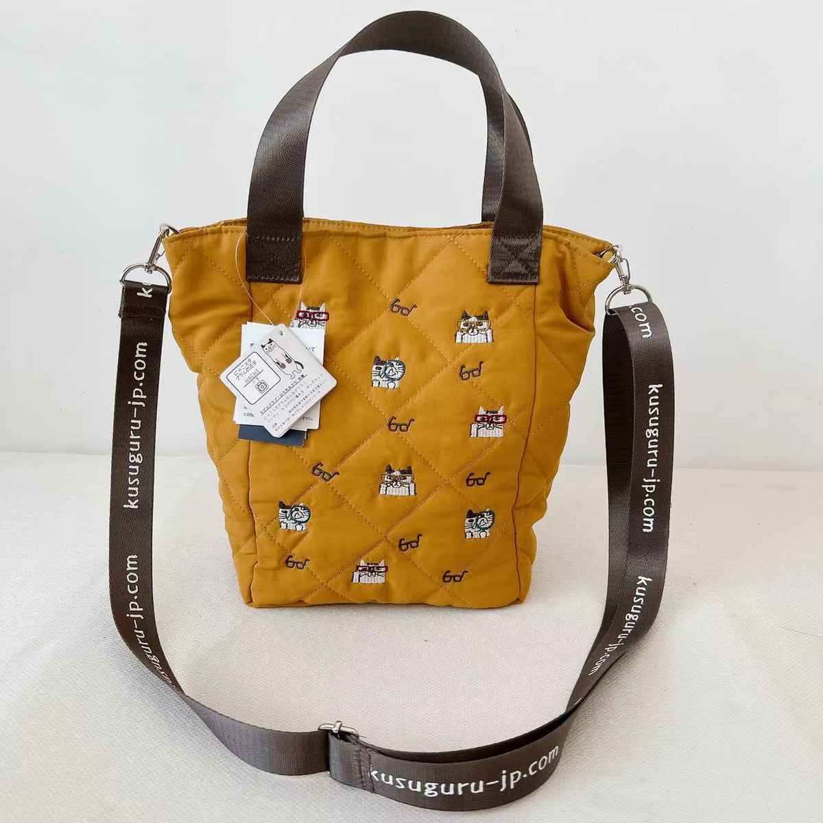 日本kusuguru重工刺繡貓咪斜背包絎縫肩背包手提包手提包通勤206|姜黃7673-1