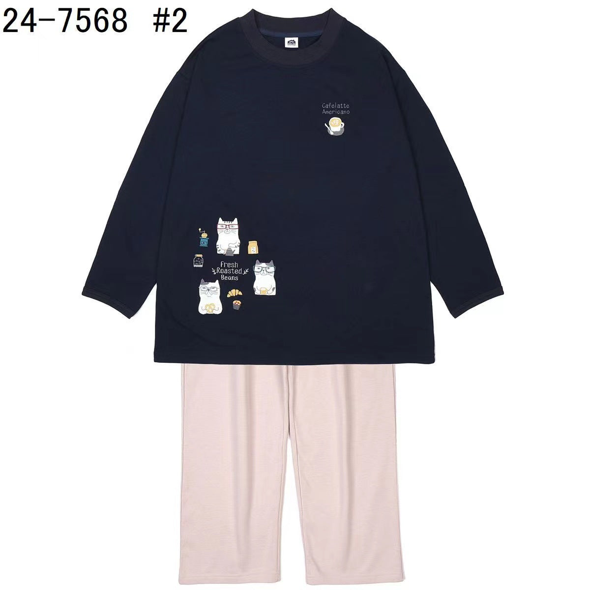 日本kusuguru居家套裝圓領舒適貓咪刺繡長袖長褲大學T套裝女性231|藍上+米褲眼鏡貓7568-2/單一尺寸