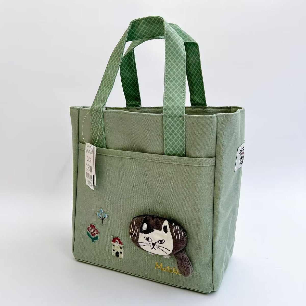 日本Kusuguru正品刺繡爬貓手提包手提包隔層包文件包購物通勤501|爬貓綠色9027-2