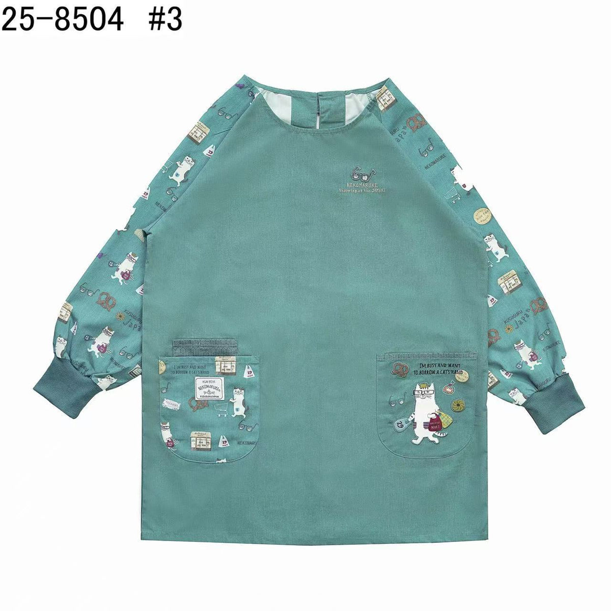 日本Kusuguru正品刺繡眼鏡貓長袖圍裙家務防油防污防汙罩衫花藝烘焙40|眼鏡貓藍綠8504-3