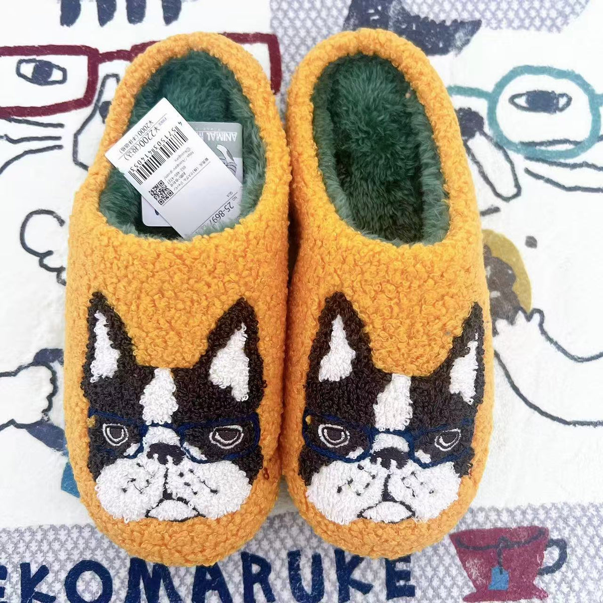 日本Kusuguru正品刺繡提花拖鞋羊絨顆粒地板拖防滑居家保暖鞋保暖421|法鬥犬黃8697-1/單一尺寸