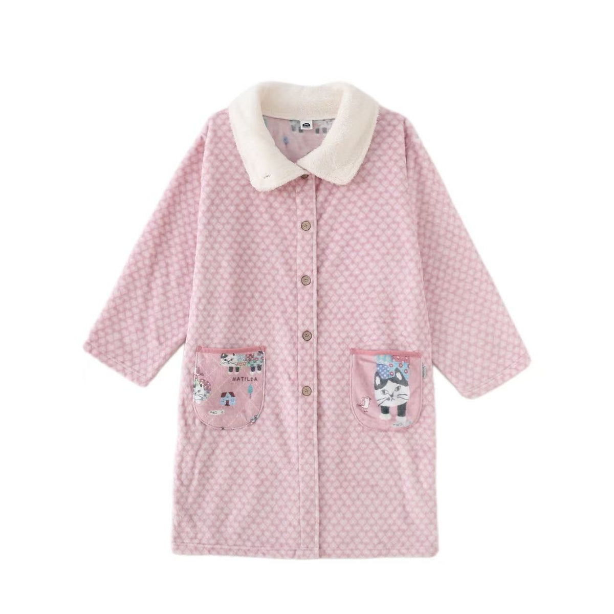 日本Kusuguru正品貓咪圖案居家服法蘭絨睡袍保暖長款舒適卡通622|爬貓粉色9679-1/單一尺寸